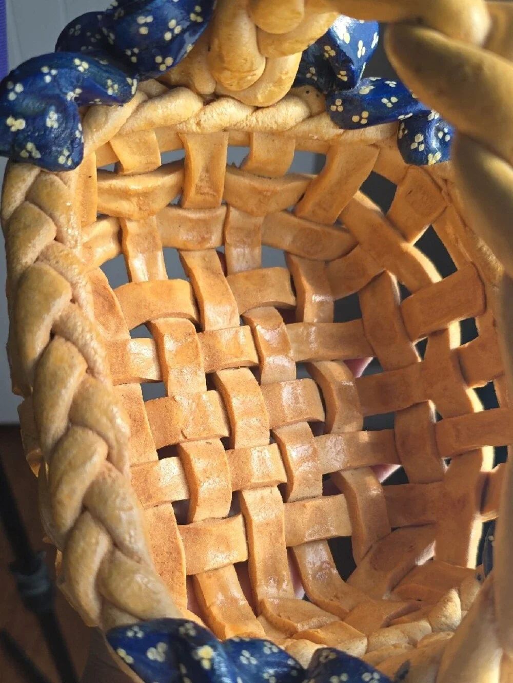 Handcrafted Bread Woven Basket with Navy Ribbon Accents